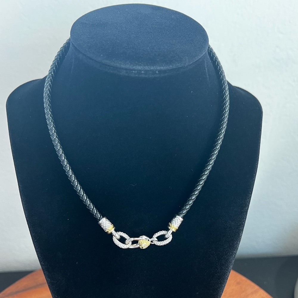 Judith Ripka JR TWO Sterling Silver 18K Diamond Leather Cord Necklace 15 3/4” - Picture 5 of 11